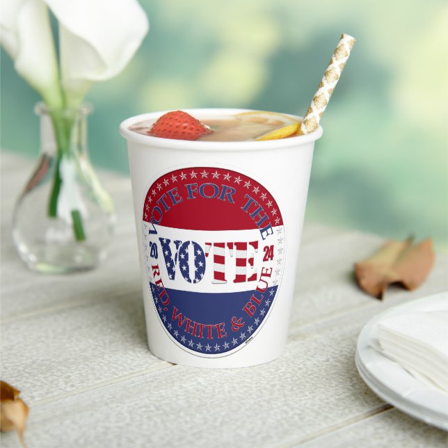 2024 Vote For The Red, White Blue USA Flag VOTE Paper Cups (Insitu)