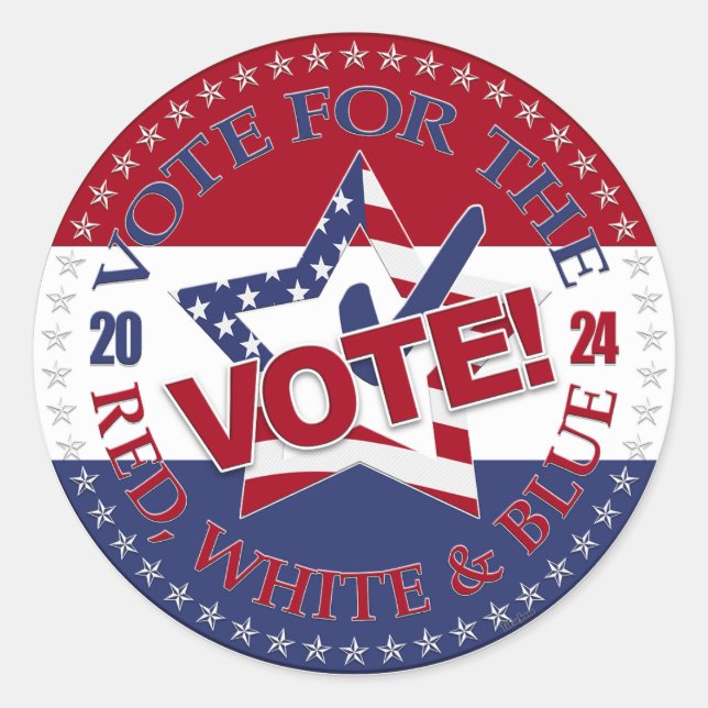 2024 Vote For The Red, White Blue VOTE! Star Check Classic Round Sticker (Front)