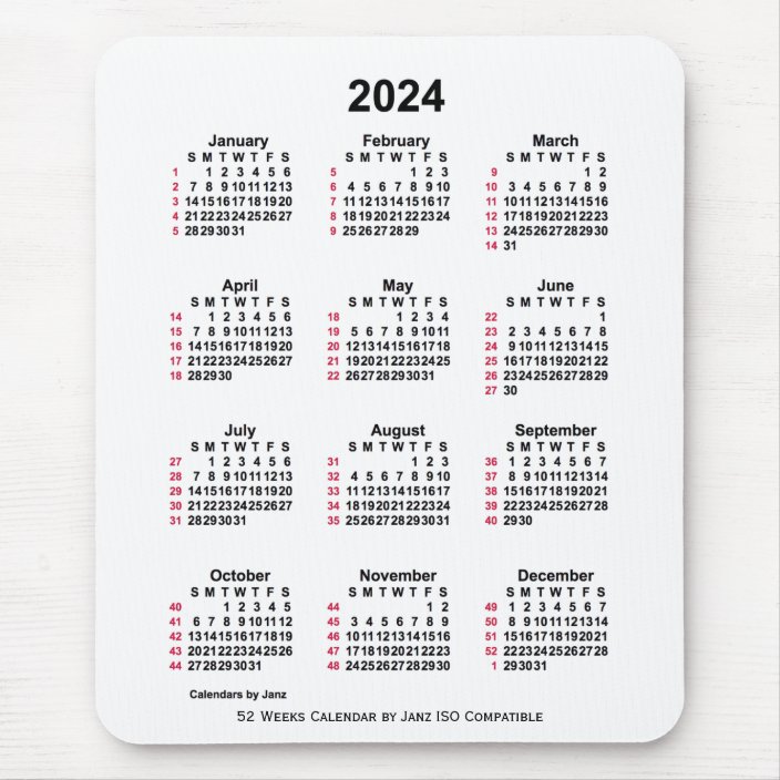 2024 White 52 Weeks ISO Calendar by Janz Mouse Pad | Zazzle.co.uk