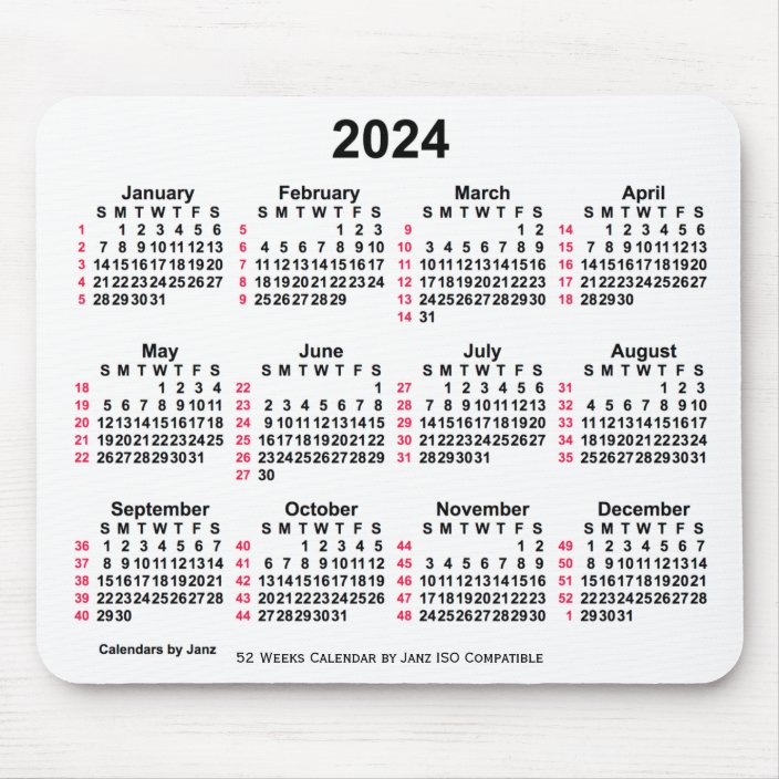 2024 White 52 Weeks ISO Calendar by Janz Mouse Pad Zazzle.co.uk