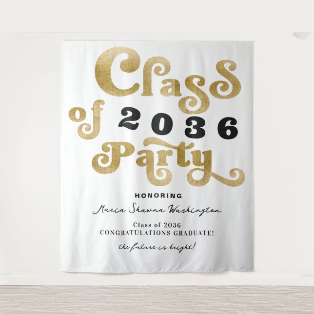 2024 White Gold Retro Graduation Party Backdrop Tapestry (Front)