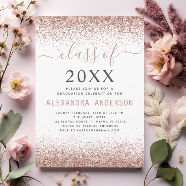 2024 White Graduation Party Pink Rose Gold Glitter Invitation (Creator Uploaded)