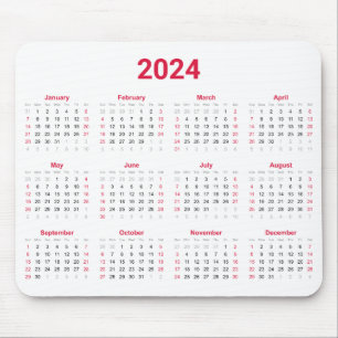 2024 Year At A Glance Red and White Calendar Mouse Mat