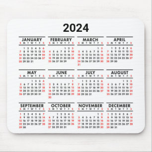 2024 Year At A Glance Red, Black & White Calendar Mouse Mat