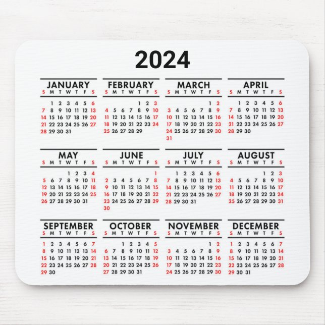 2024 Year At A Glance Red, Black & White Calendar Mouse Mat (Front)