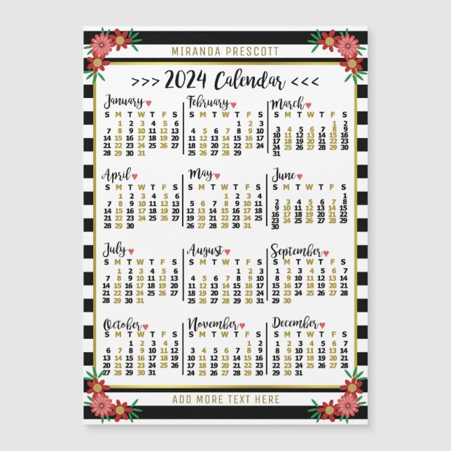 2024 Year Calendar Black Stripe Floral Name Magnet (Front)