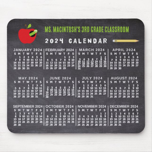 2024 Year Calendar Chalkboard School Teacher Name Mouse Mat (Front)