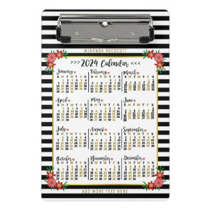 2024 Year Calendar Cute Floral Stripes   Custom Mini Clipboard