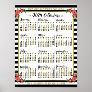 2024 Year Calendar Floral Stripes Custom Text Poster