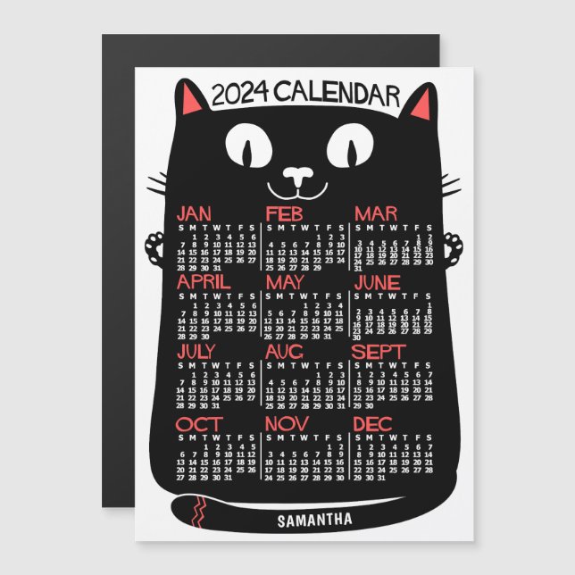 2024 Year Calendar Mid-Century Black Cat Monthly Magnetic Invitation (Front/Back)