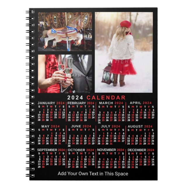 2024 Year Monthly Calendar Black Custom 3 Photos Notebook (Front)