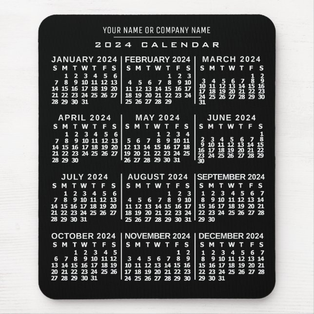 2024 Year Monthly Calendar Black White Custom Name Mouse Mat (Front)