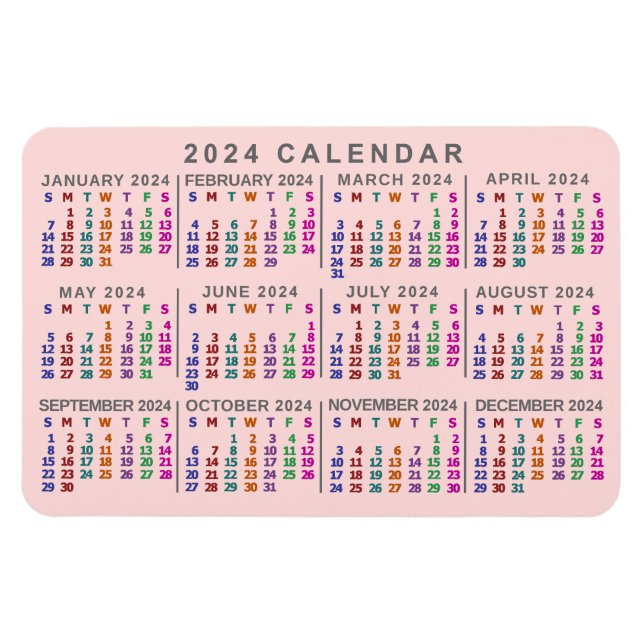 2024 Year Monthly Calendar Blush Pink Colourful Magnet (Horizontal)