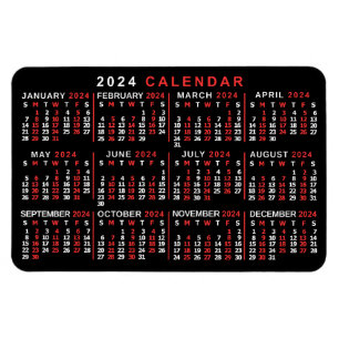 2024 Year Monthly Calendar Classic Black Red White Magnet