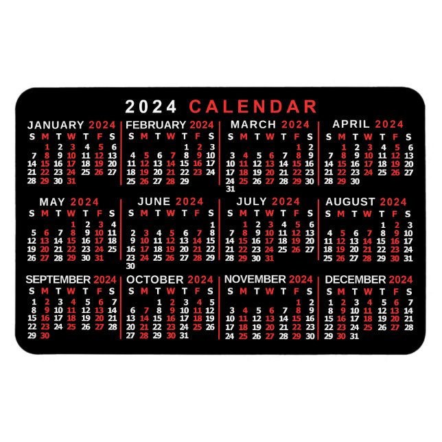 2024 Year Monthly Calendar Classic Black Red White Magnet (Horizontal)
