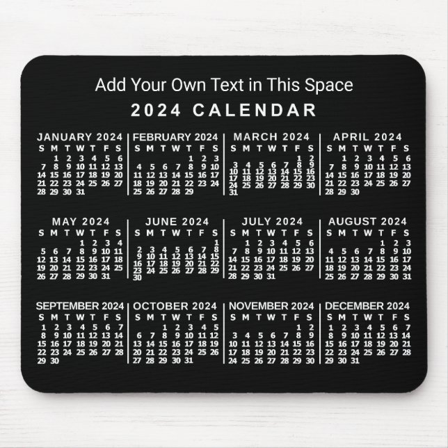 2024 Year Monthly Calendar Custom Black and White Mouse Mat (Front)