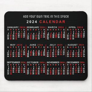 2024 Year Monthly Calendar Custom Black Red White Mouse Mat