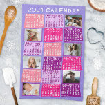 2024 Year Monthly Calendar Cute Mod Photo Collage Tea Towel<br><div class="desc">This personalised 2024 year monthly calendar kitchen towel has a mid-century modern geometric look with asymmetrical colour blocks and cut-out paper style typography. The colours are all various shades of pink and purple. Use the easy templates to add six of your favourite photos (horizontal work best, but all shapes will...</div>