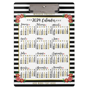 2024 Year Monthly Calendar Floral Stripes   Custom Clipboard