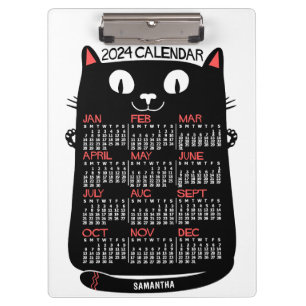 2024 Year Monthly Calendar Mid-Century Black Cat Clipboard