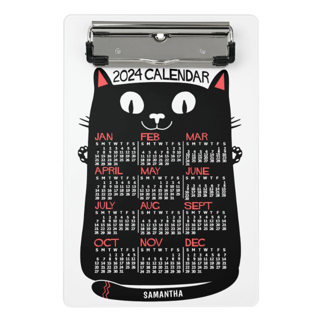 2024 Year Monthly Calendar Mid-Century Black Cat Mini Clipboard (Front)