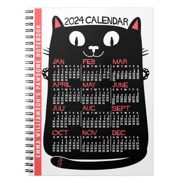 2024 Year Monthly Calendar Mid-Century Black Cat Notebook (Front)