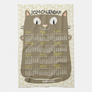 2024 Year Monthly Calendar Mid-Century Brown Cat Tea Towel