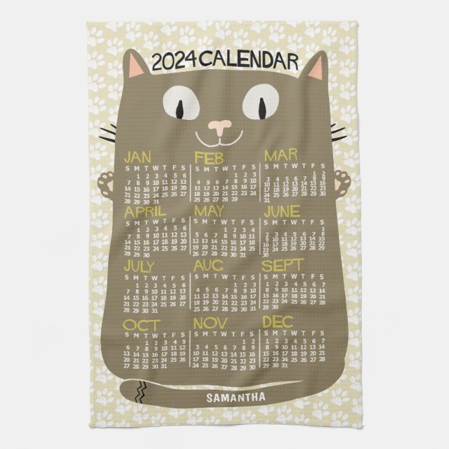 2024 Year Monthly Calendar Mid-Century Brown Cat Tea Towel (Vertical)
