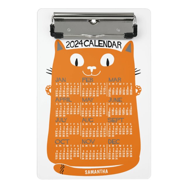 2024 Year Monthly Calendar Mid-Century Orange Cat Mini Clipboard (Front)