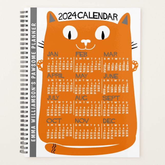 2024 Year Monthly Calendar Mid-Century Orange Cat Planner (Front)
