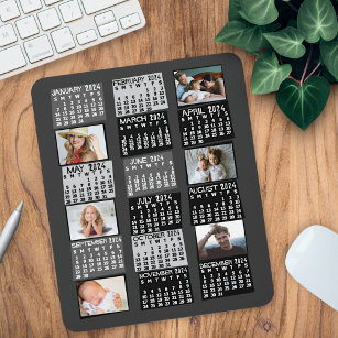2024 Year Monthly Calendar Mod Black Photo Collage Mouse Mat