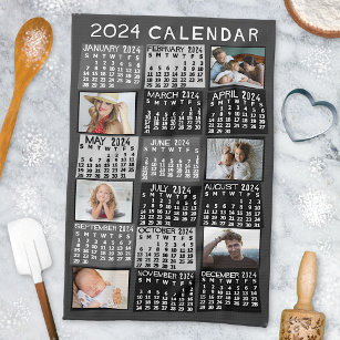 2024 Year Monthly Calendar Photo Collage Mod Black Tea Towel