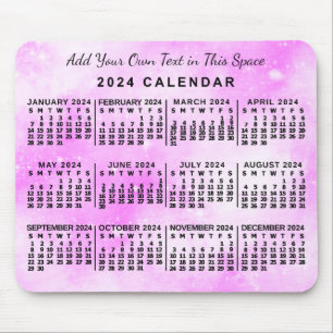 2024 Year Monthly Calendar Pink Watercolor Custom Mouse Mat