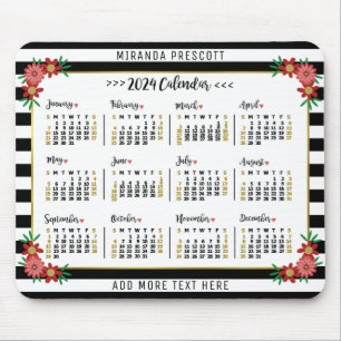2024 Year Monthly Calendar Preppy Floral Stripes Mouse Mat