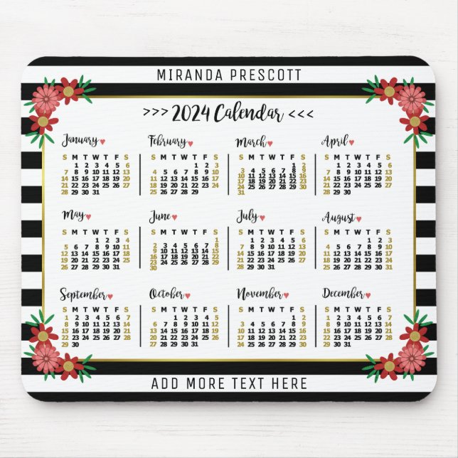 2024 Year Monthly Calendar | Preppy Floral Stripes Mouse Mat (Front)