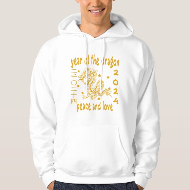 2024 Year Of Dragon Peace And Love Gold White. Hoodie (Front)