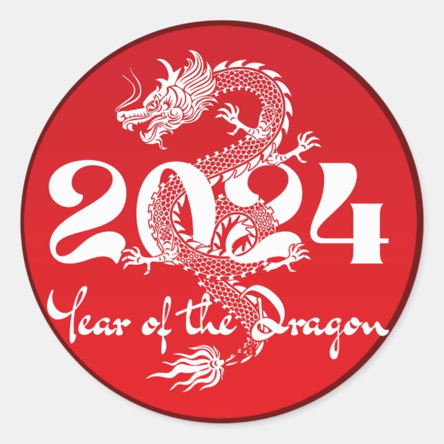 2024 year of the dragon red white classic round sticker (Front)