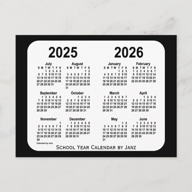 2025-2026 Black and White School Calendar by Janz Postcard (Front)