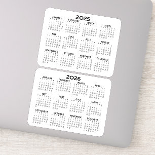 2025 2026 Calendar black and white mini calendars