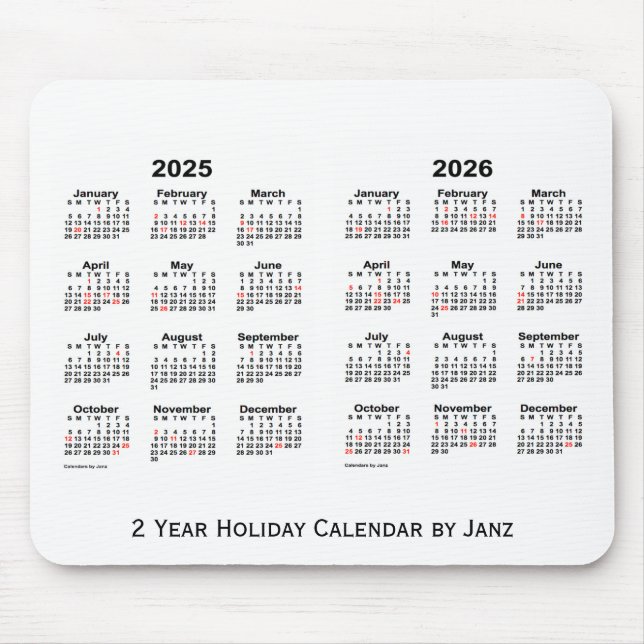2025-2026 White 2 Year Holiday Calendar by Janz Mouse Mat (Front)