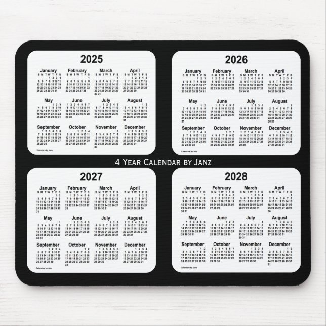 2025-2028 Black and White 4 Year Calendar by Janz Mouse Mat (Front)