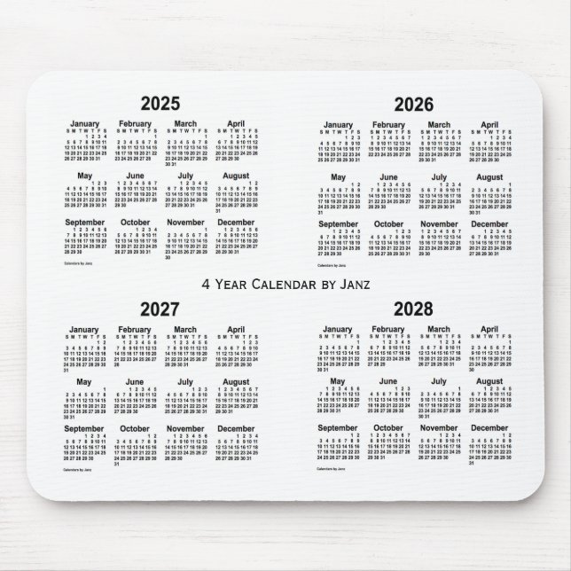 2025-2028 White 4 Year Calendar by Janz Mouse Mat (Front)