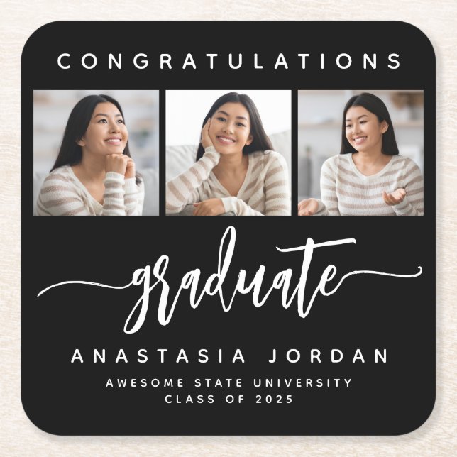 2025 3-Photo Black White Congratulations Graduate Square Paper Coaster (Front)