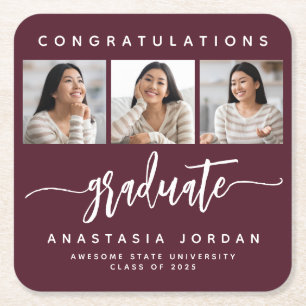 2025 3-Photo Burgundy Congratulations Graduate Square Paper Coaster