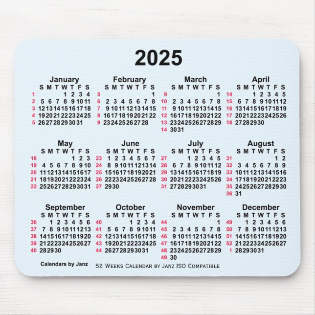 2025 Alice Blue 52 Weeks ISO Calendar by Janz Mouse Mat (Front)