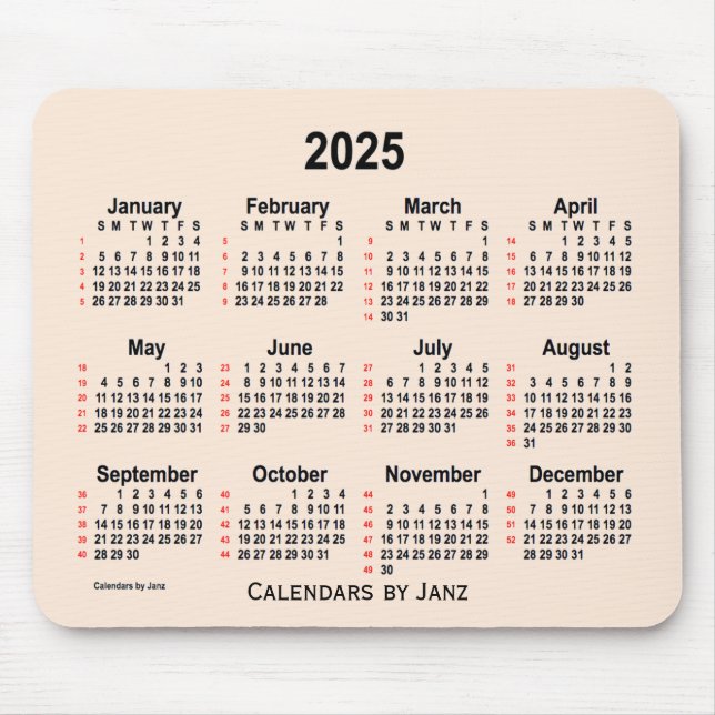 2025 Antique White 52 Weeks Calendar by Janz Mouse Mat (Front)