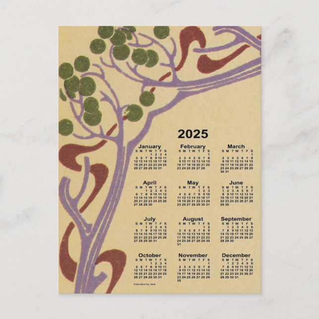 2025 Art Nouveau Mini Calendar by Janz Holiday Postcard (Front)