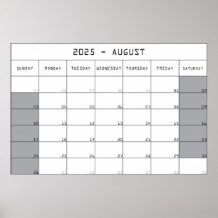 2025 august planer calendar big notes space poster