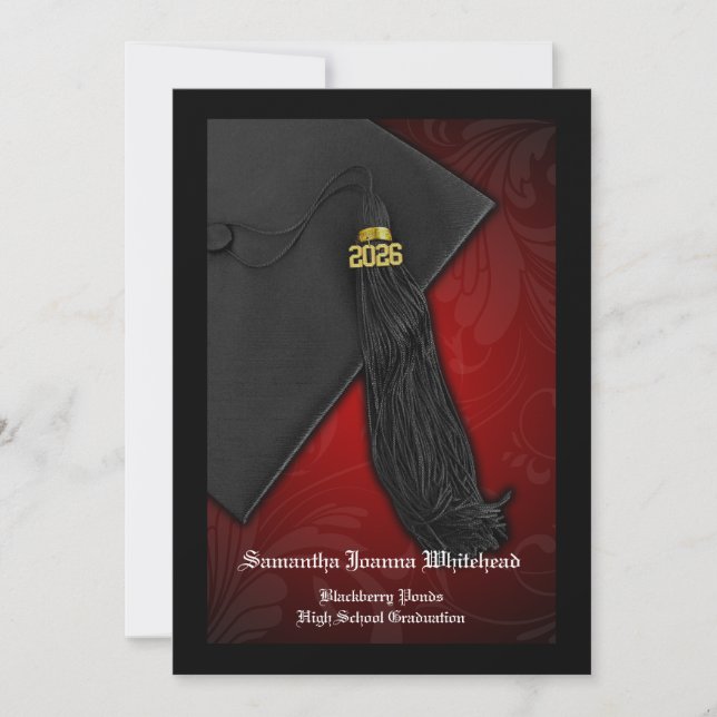 2025 Black and Red Tassel Charm 5x7 Graduation Invitation (Front)
