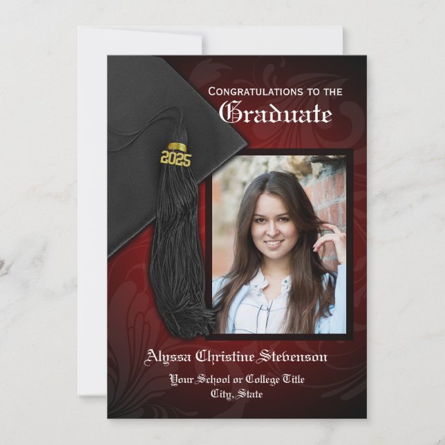 2025 Black and Red Tassel Charm Photo Graduation Invitation (Front)